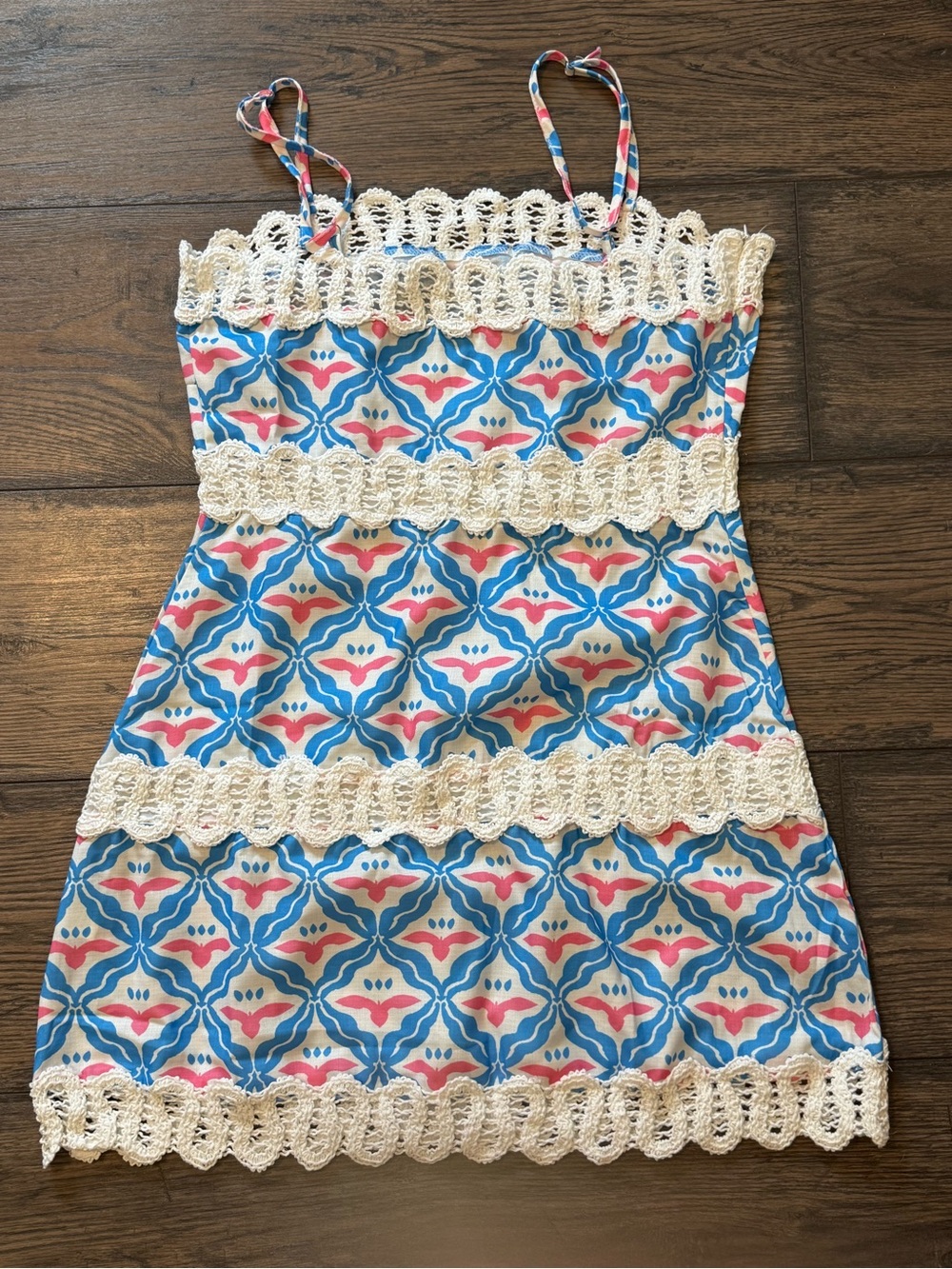 Baby doll Blue and Pink Lace-Trimmed Printed Sundress - Picture 3 of 4